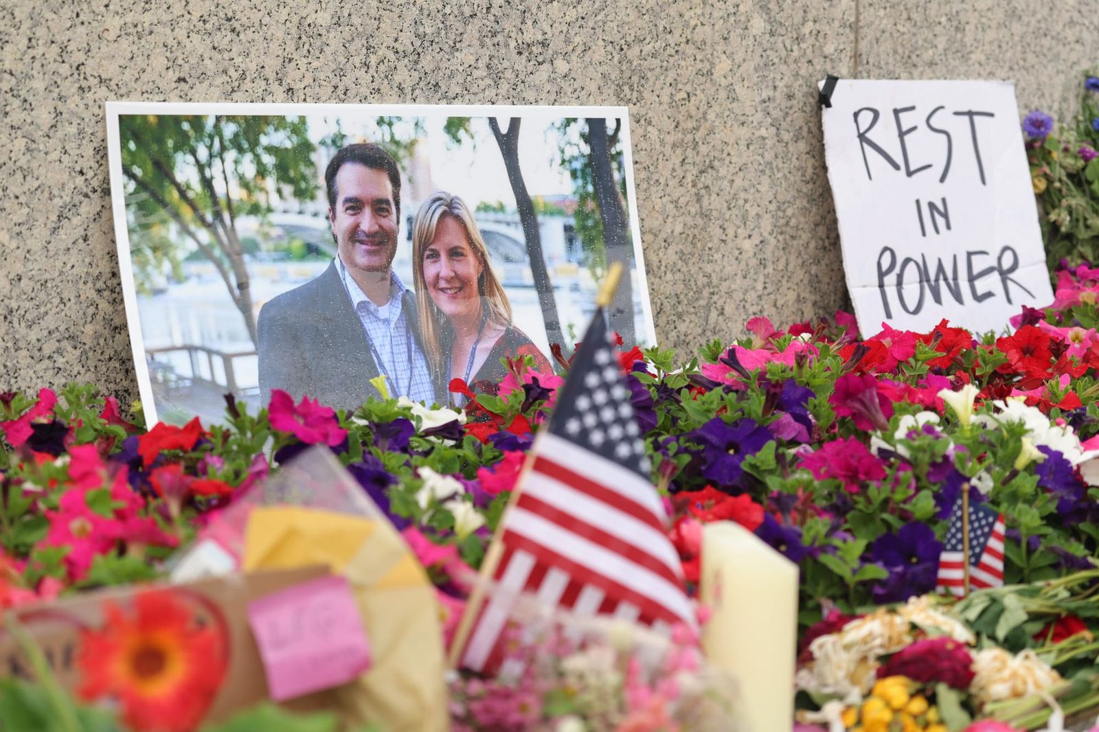 A makeshift memorial for state Rep. Melissa Hortman and her husband Mark at the Minnesota State Capitol building | Steven Garcia/Getty Images