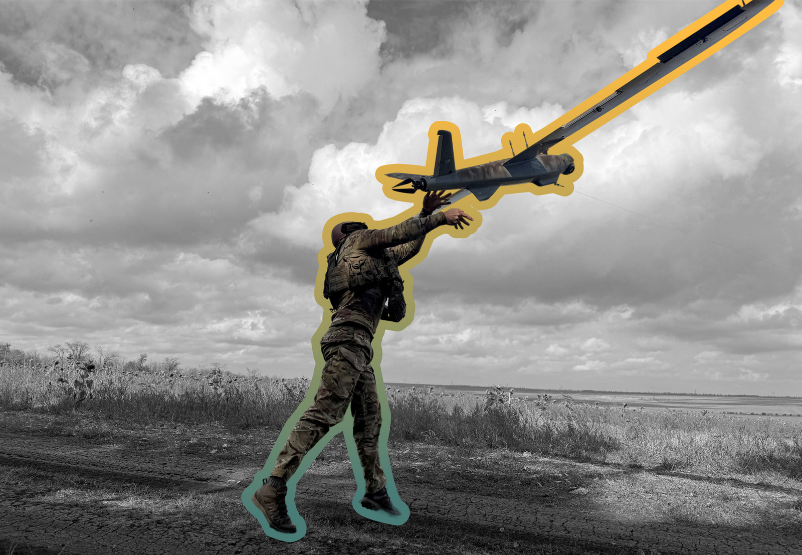 A Ukrainian soldier launches a drone in the Donetsk region of Ukraine | REUTERS/Stringer, edited by Russell Nystrom