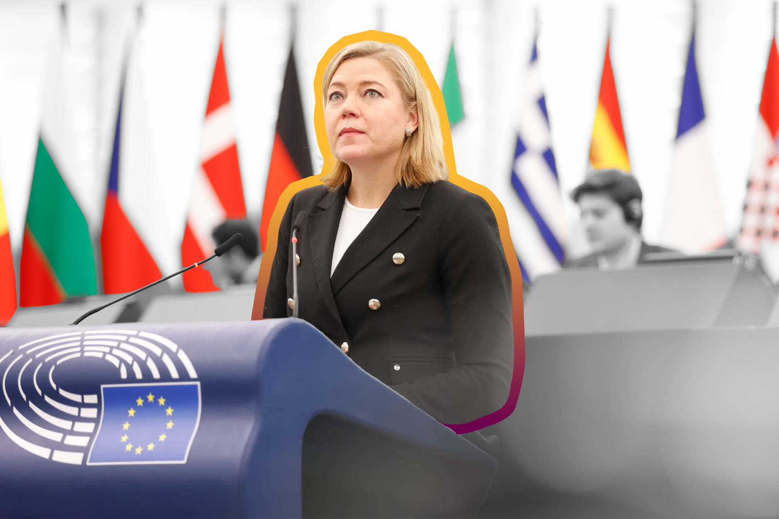 Henna Virkkunen, European Commissioner for Digital and Frontier Technologies, in the European Parliament in 2023 |  Photograph by Mathieu Cugnot, edited by Russell Nystrom