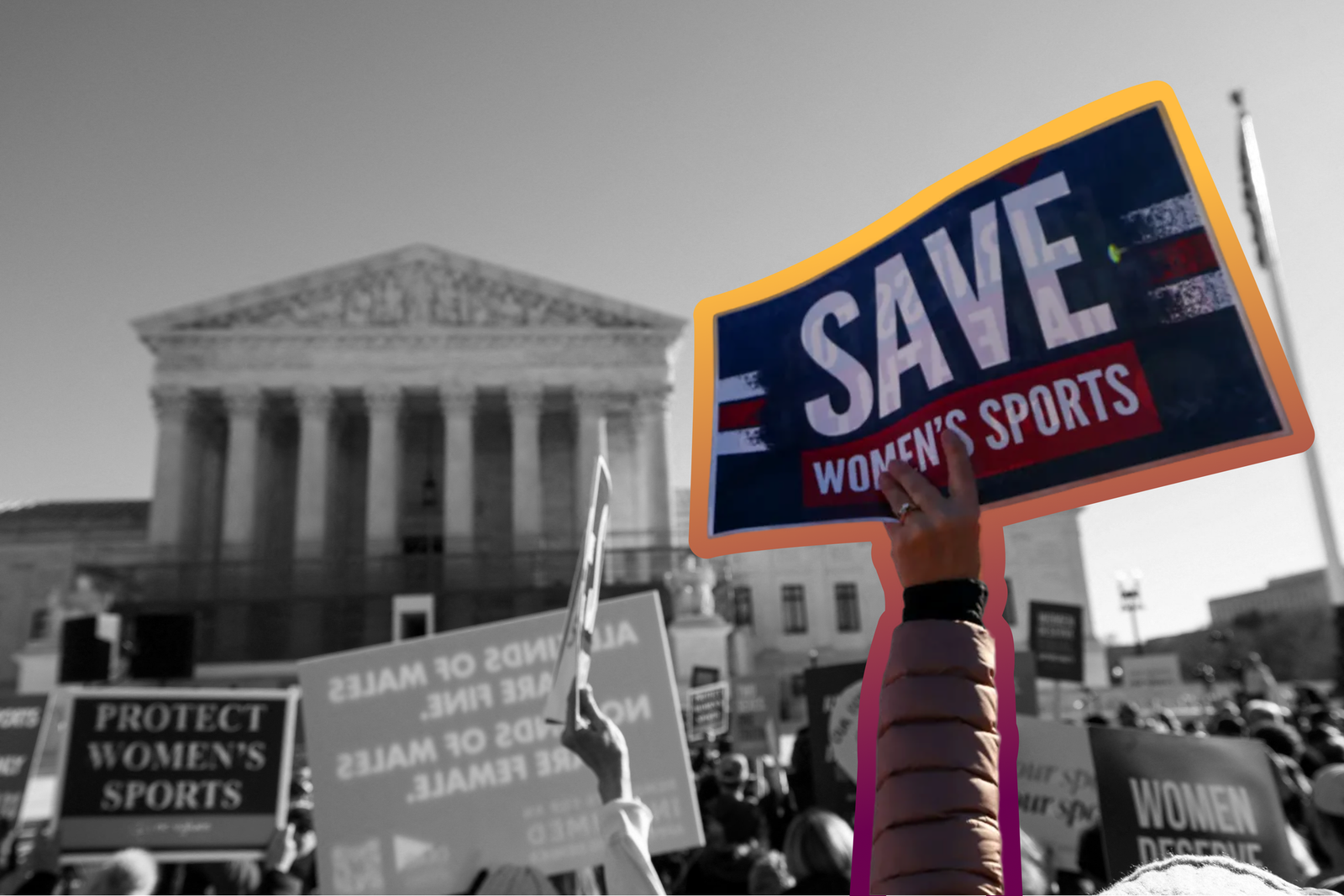 Supporters of state laws banning transgender athletes from female sports teams outside the Supreme Court in Washington, D.C.