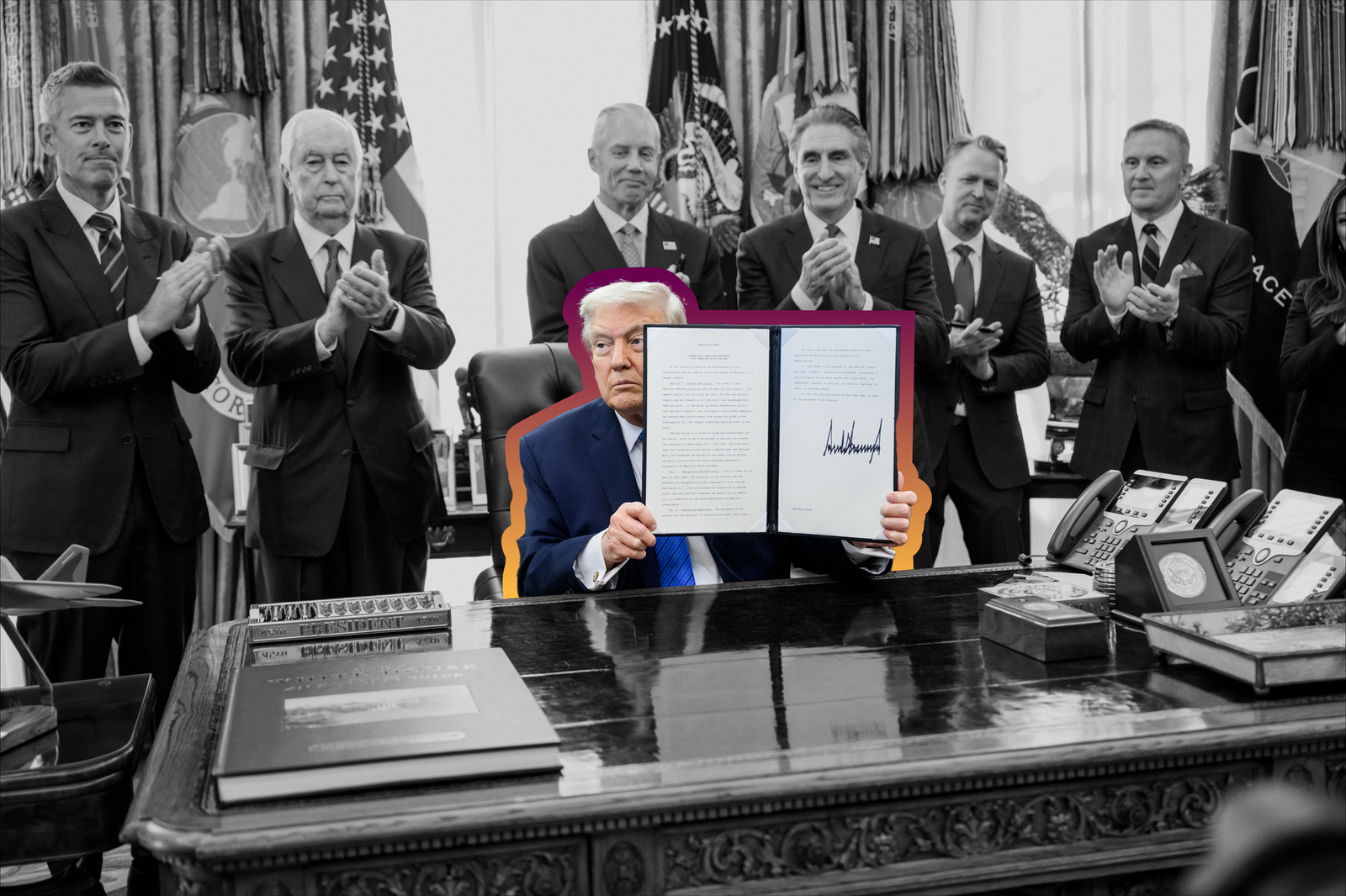 President Trump signing an executive order launching the Freedom 250 Grand Prix of Washington, D.C. | Official White House photo, edited by Aidan Gorman