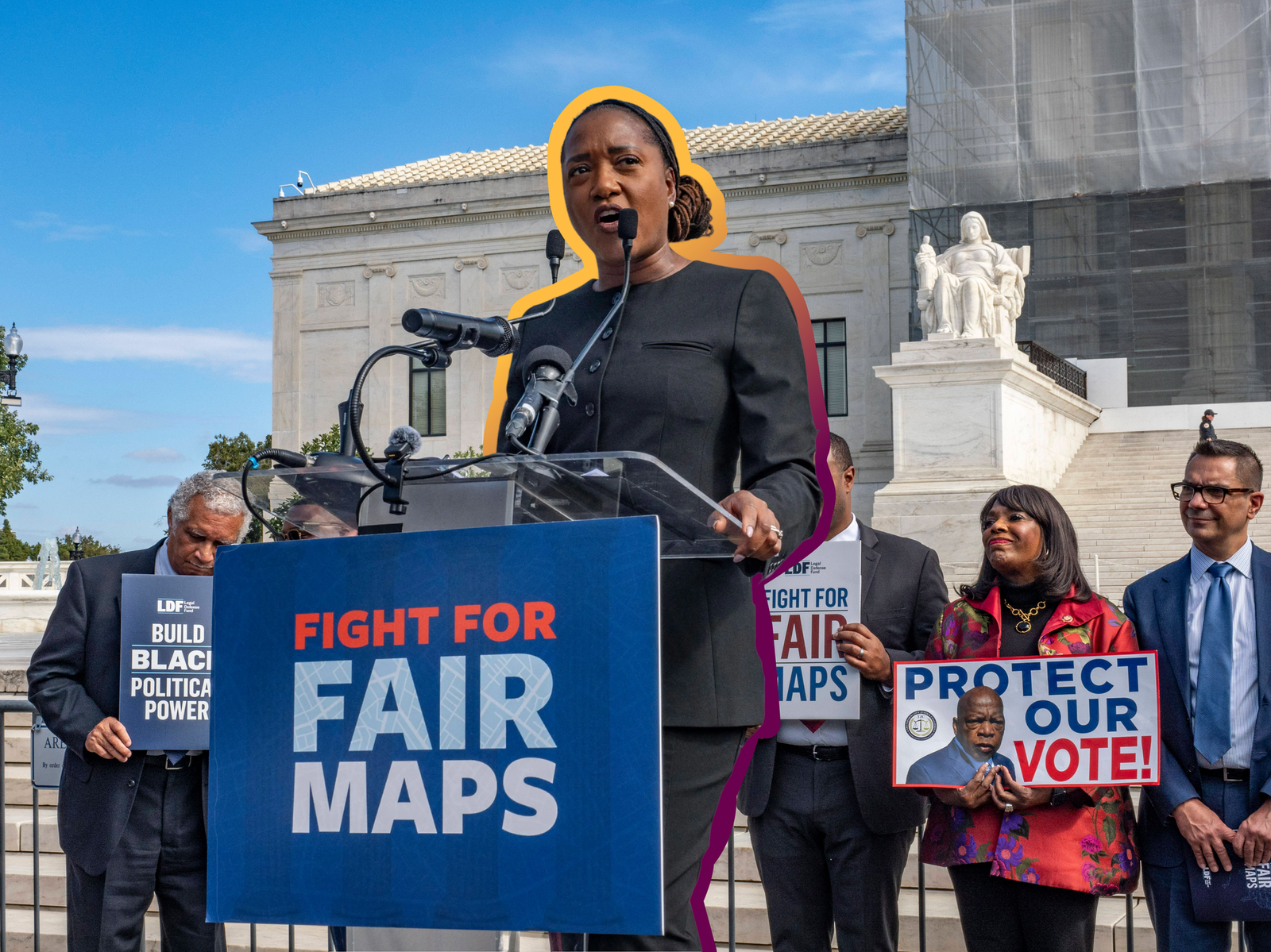 Voting rights activists in front of the Supreme Court during oral arguments in Louisiana v. Callais | Sue Dorfman/ZUMA Press Wire, edited by Russell Nystrom