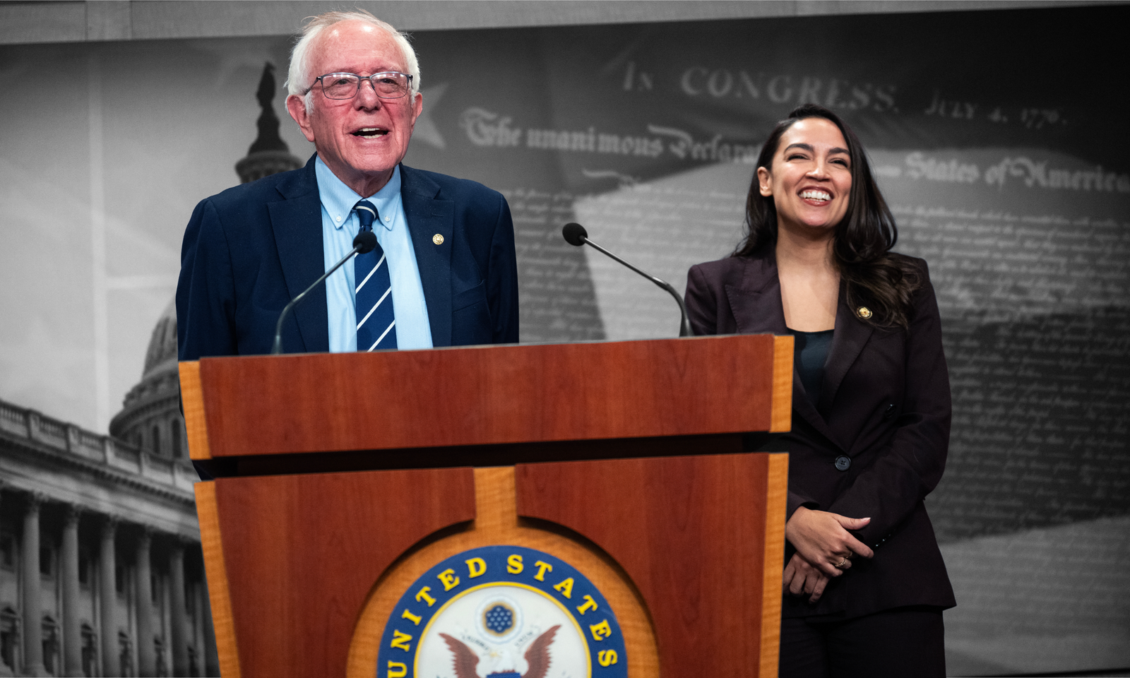 Sen. Bernie Sanders (I-VT) and Rep. Alexandria Ocasio-Cortez (D-NY) conduct a news conference | Tom Williams/CQ Roll Call/Sipa USA, edited by Russell Nystrom