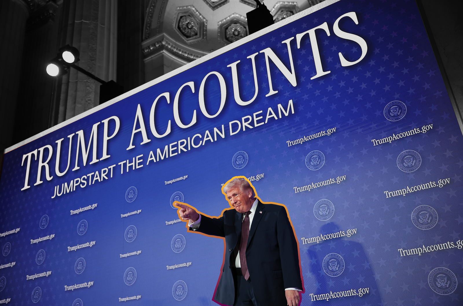 President Donald Trump during the Treasury Department’s Trump Accounts Summit | Win McNamee/Getty Images, edited by Aidan Gorman