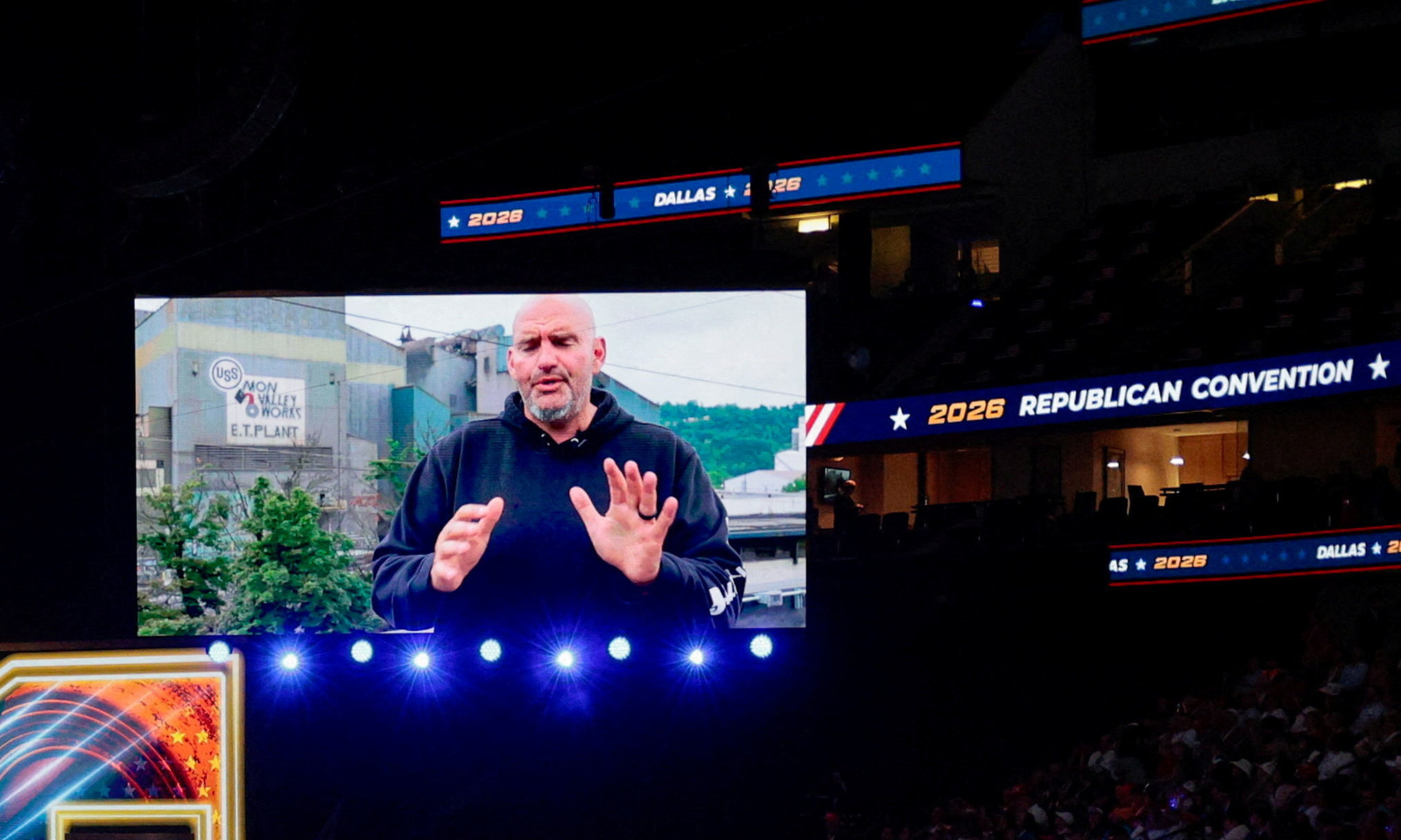 Senator John Fetterman (D-PA) introduces U.S. Senator Dave McCormick (R-PA) via video during the Republican National Midterm Convention in Dallas, Texas