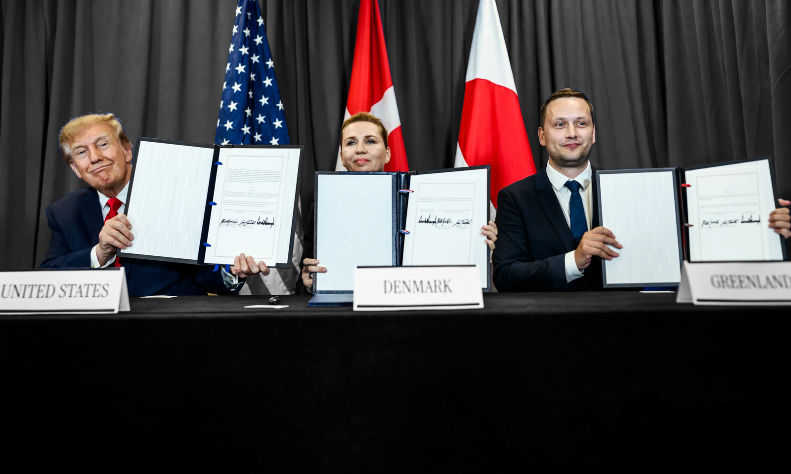 President Donald Trump, Danish Prime Minister Mette Frederiksen, and Greenlandic Prime Minister Jens-Frederik Nielsen at a signing ceremony in New York City