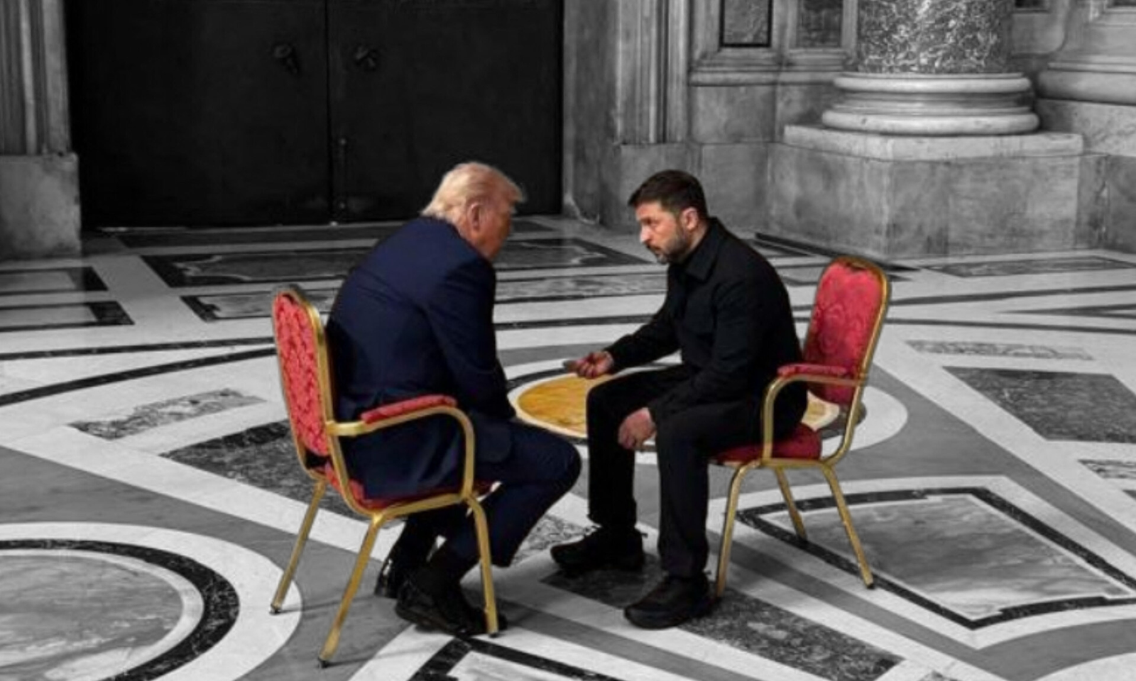Ukrainian President Volodymyr Zelensky and U.S. President Donald Trump at St. Peter’s Basilica — April 26, 2025 | Photo by Ukrainian Presidency via ABACAPRESS.COM, edited by Russell Nystrom