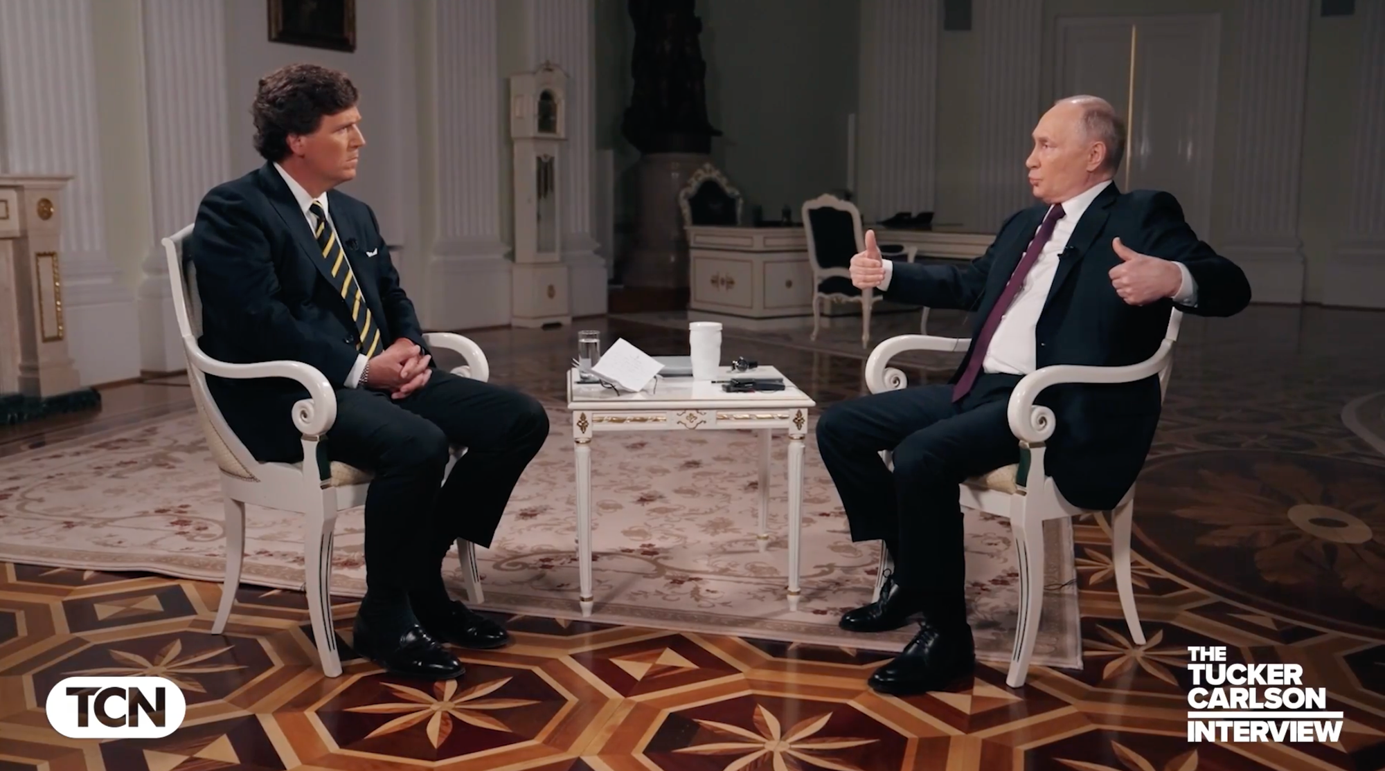 A screenshot from Tucker Carlson's interview with Vladimir Putin. 