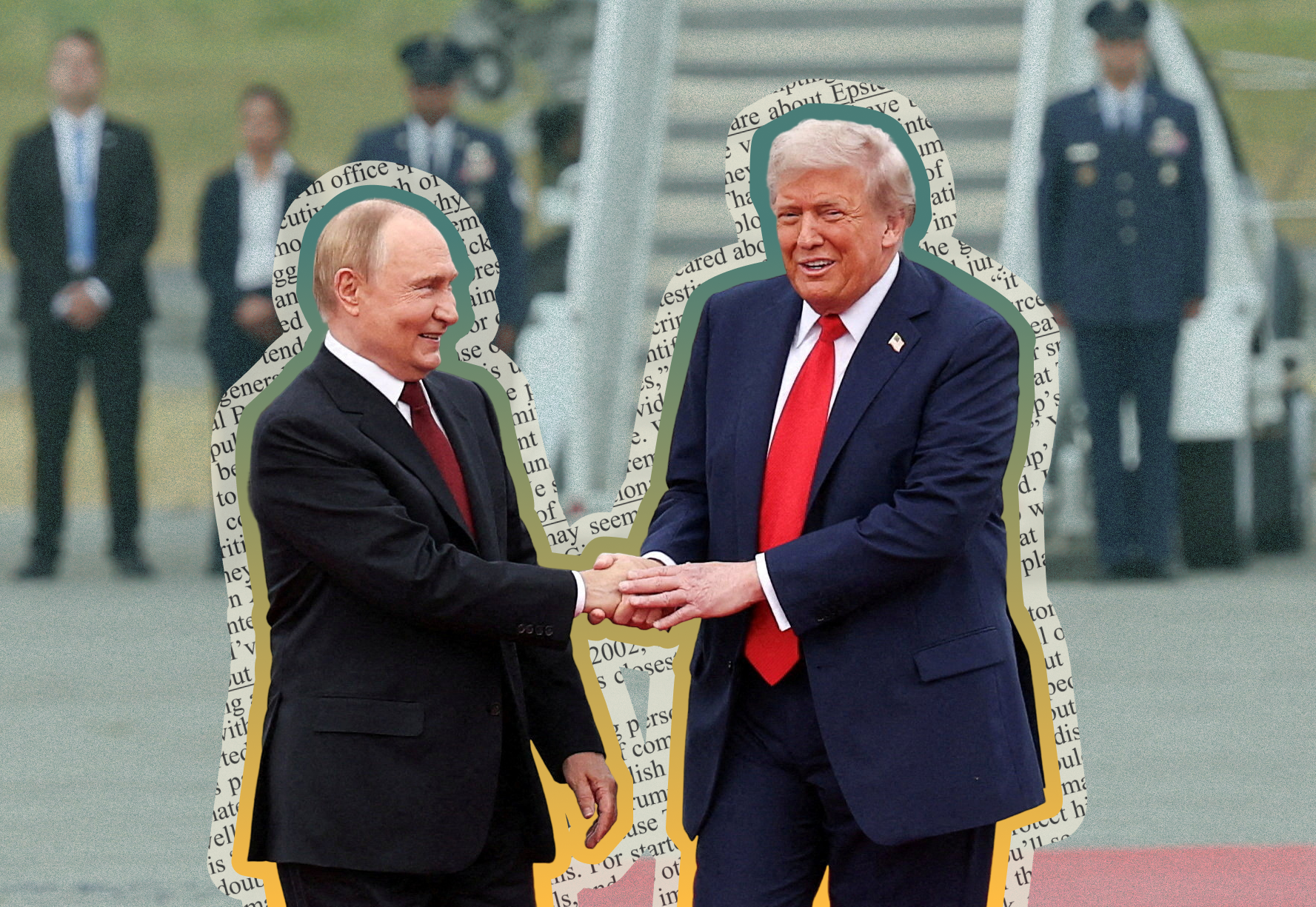 U.S. President Donald Trump shakes hands with Russian President Vladimir Putin in Anchorage, Alaska | REUTERS/Kevin Lamarque/File Photo, treatment by Russell Nystrom, Tangle