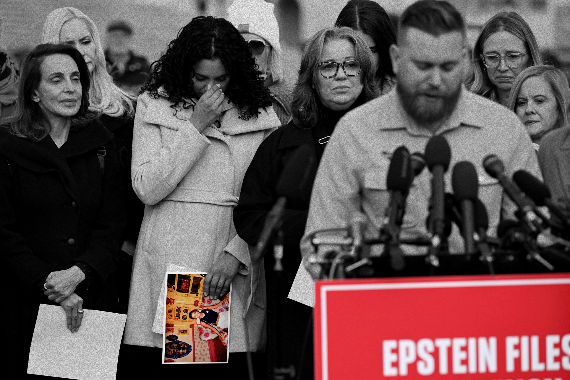 Survivors Sharlene Rochard, Jess Michaels and Annie Farmer with Sky Roberts, brother of Jeffrey Epstein victim Virginia Giuffre | REUTERS/Annabelle Gordon, edited by Aidan Gorman