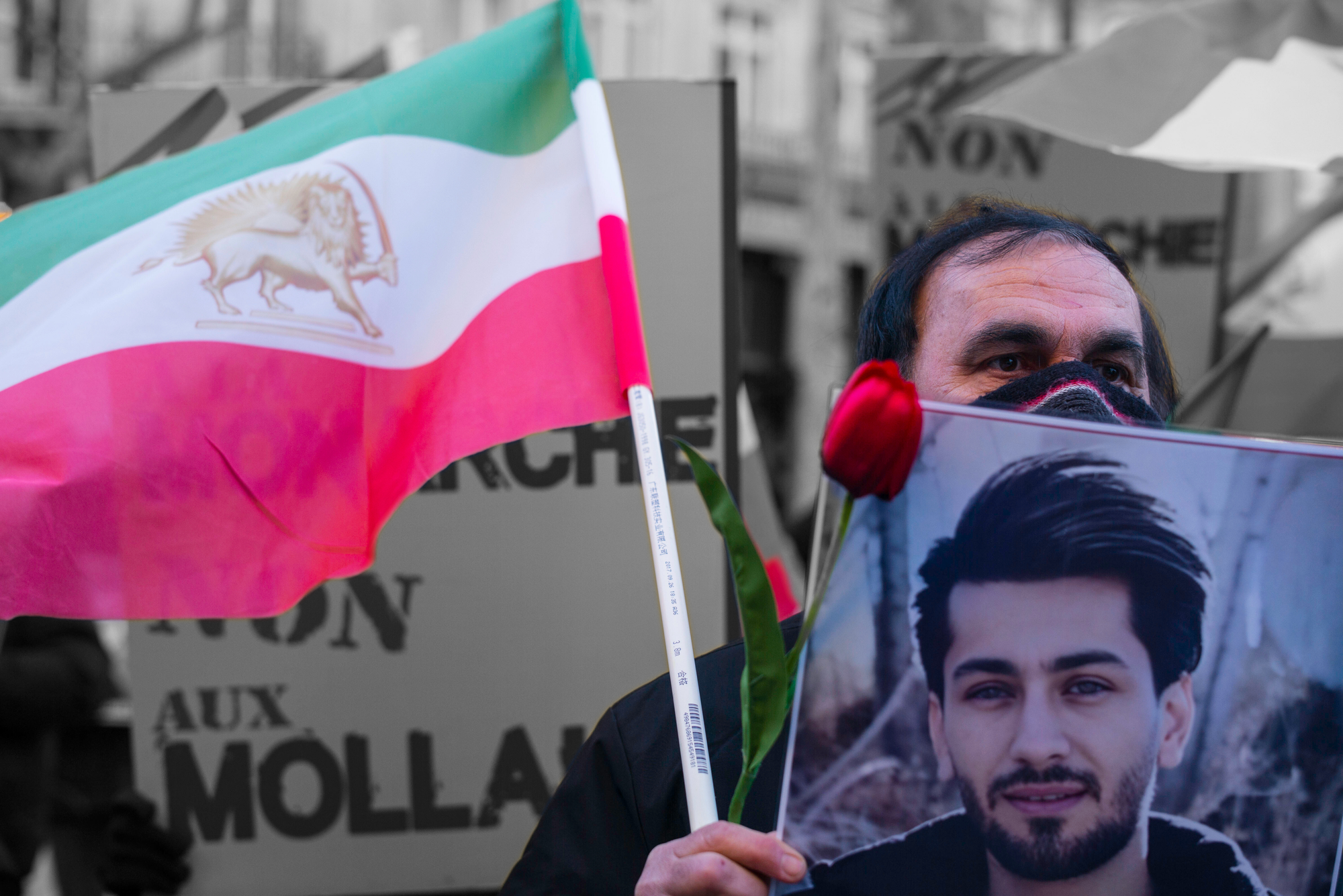 Protesters in Paris, France, demonstrate support for Iranian protesters | Eric Broncard/Hans Lucas, edited by Russell Nystrom