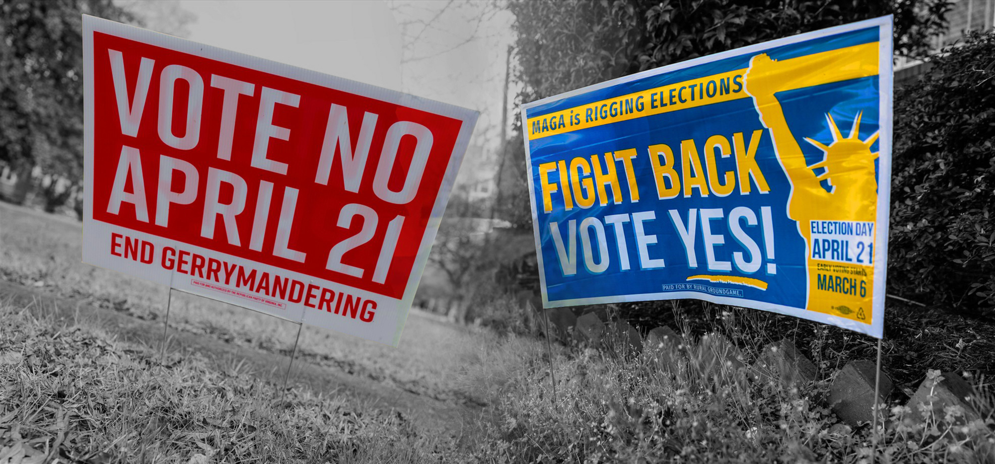 Signs on the April 21 redistricting referendum in Virginia | Kendall Warner/The Virginian-Pilot, edited by Aidan Gorman