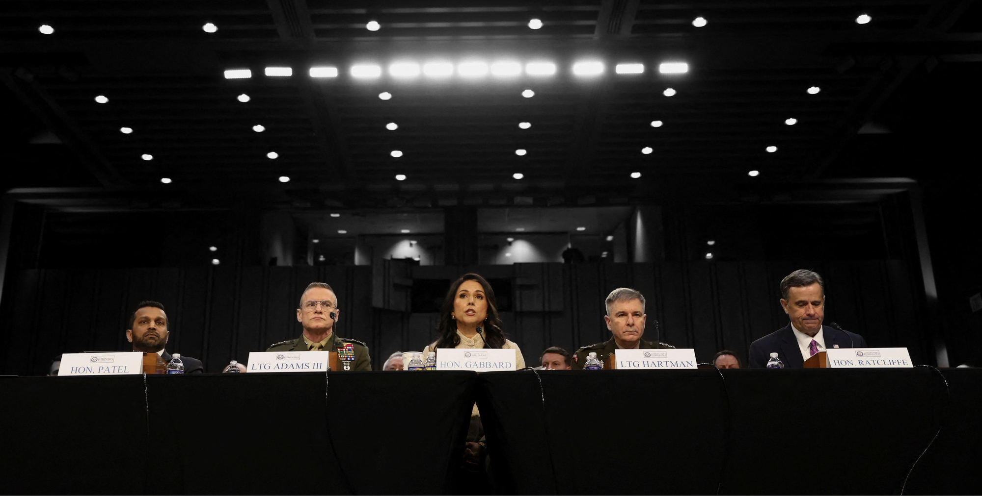 FBI Director Kash Patel, Lt. Gen. James Adams, Director of National Intelligence Tulsi Gabbard, Lt. Gen. William Hartman and CIA Director John Ratcliffe
