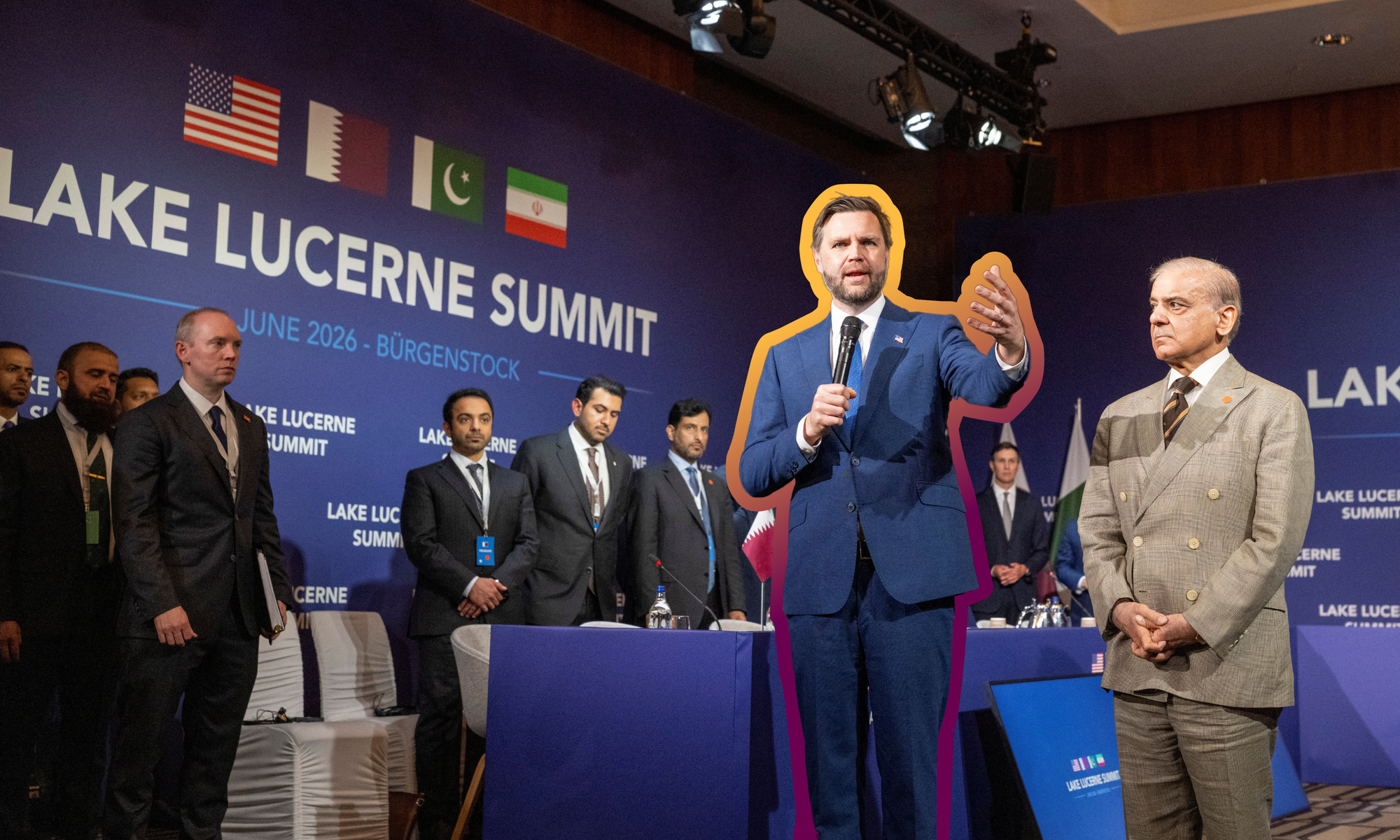 Vice President JD Vance and Pakistani Prime Minister Shehbaz Sharif at the U.S.-Iran peace summit in Switzerland | URS FLUEELER/Pool via Reuters, edited by Russell Nystrom