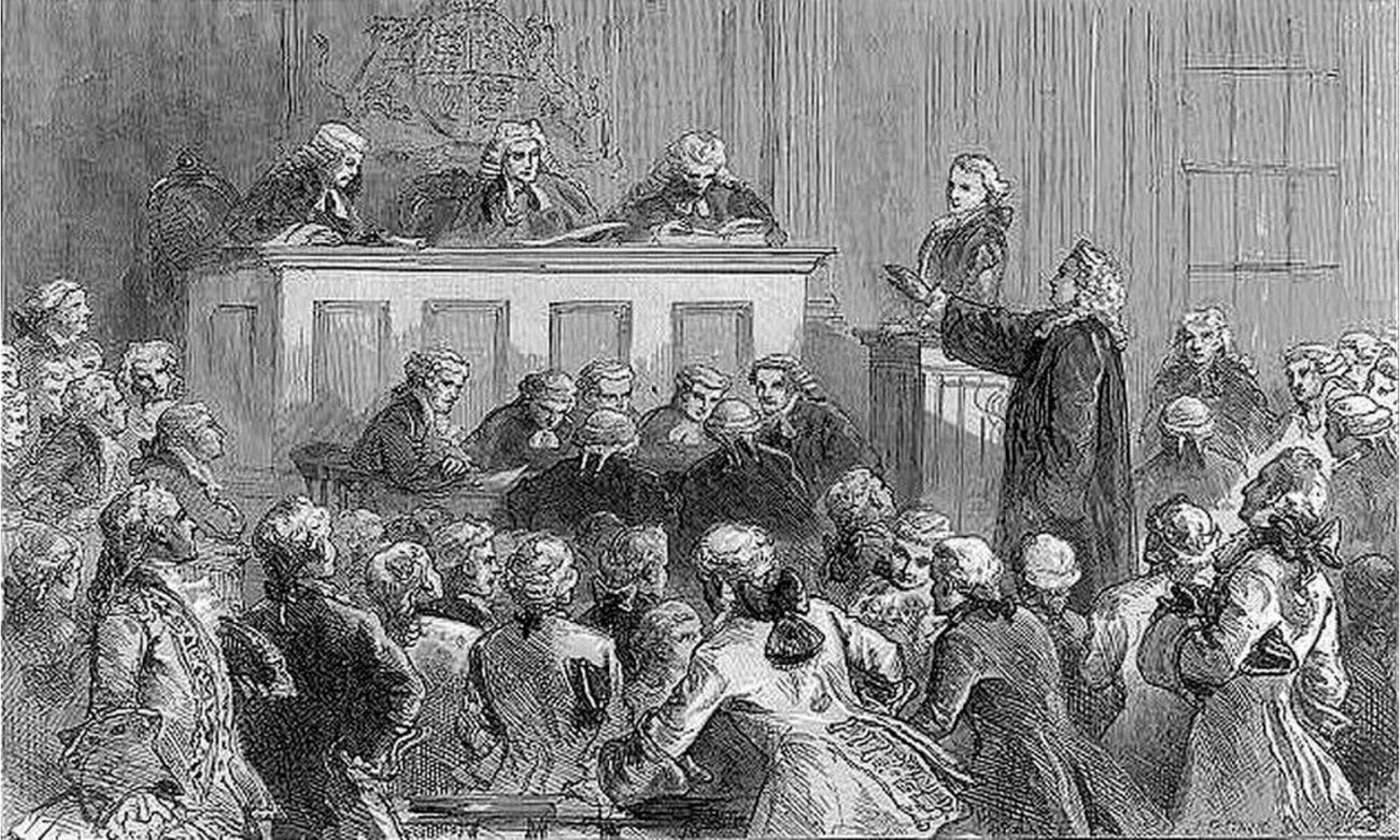 Engraving of Andrew Hamilton defending German printer and journ John Peter Zenger in court | Unknown artist/Wikipedia