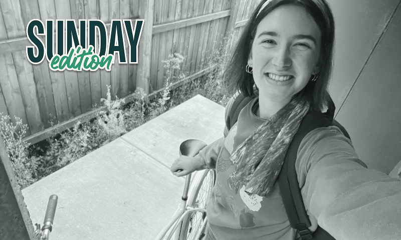 Biking to class on the first day of sophomore year | Photo from Dorothy Swanson Blaker, edited by Candida Hall