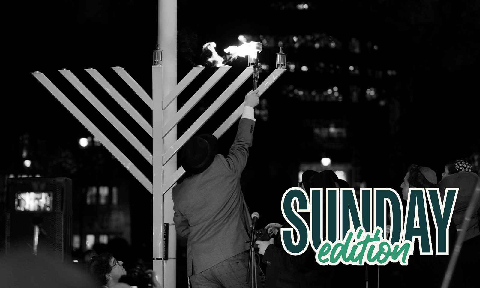 Rabbi Shimshon Gansbourg menorah in London, England, at an event commemorating the shooting in Bondi Beach in Sydney, Australia — December 15, 2025 | PA via Reuters, edited by Candida Hall