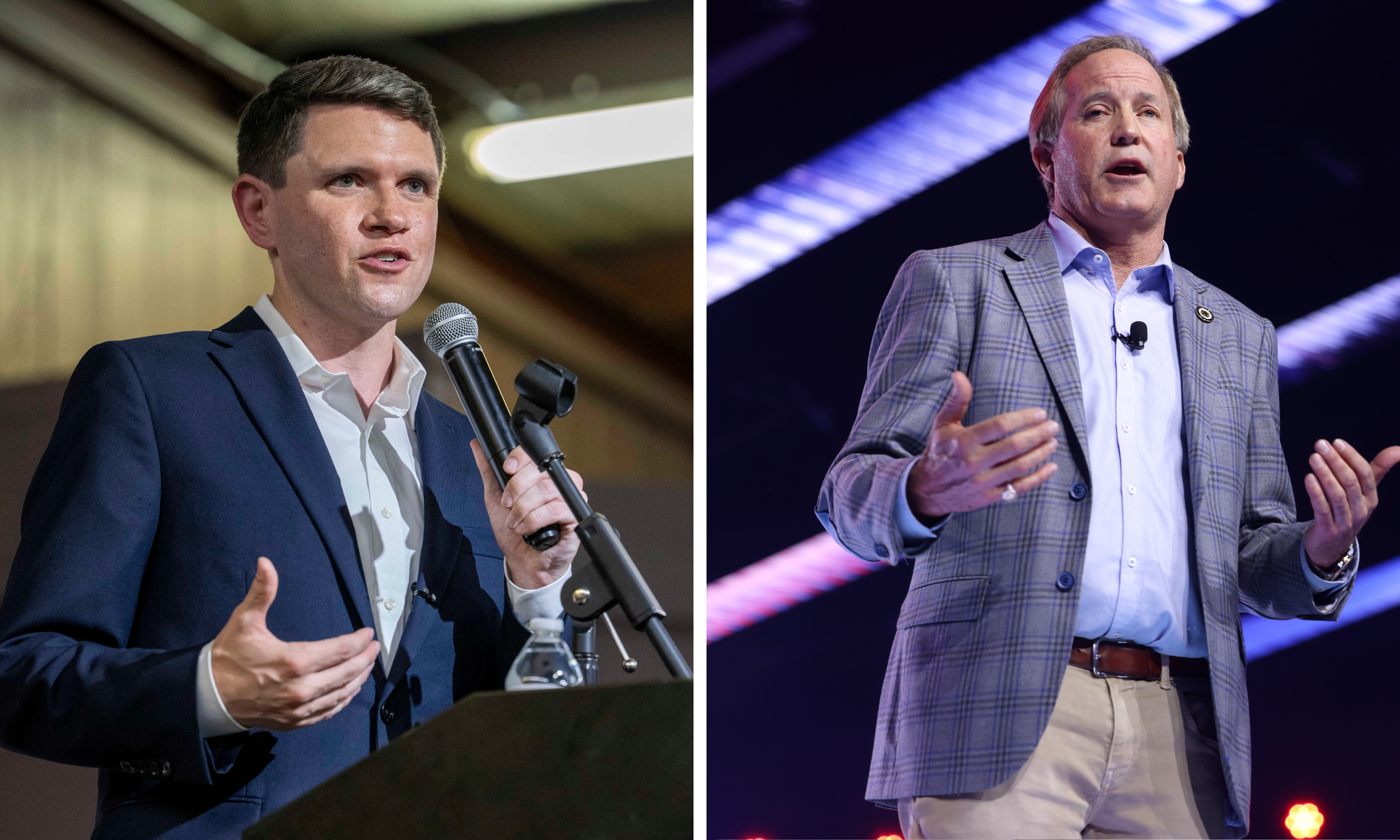 Split screen of Texas Senate candidates James Talarico (D) and Ken Paxton (R)