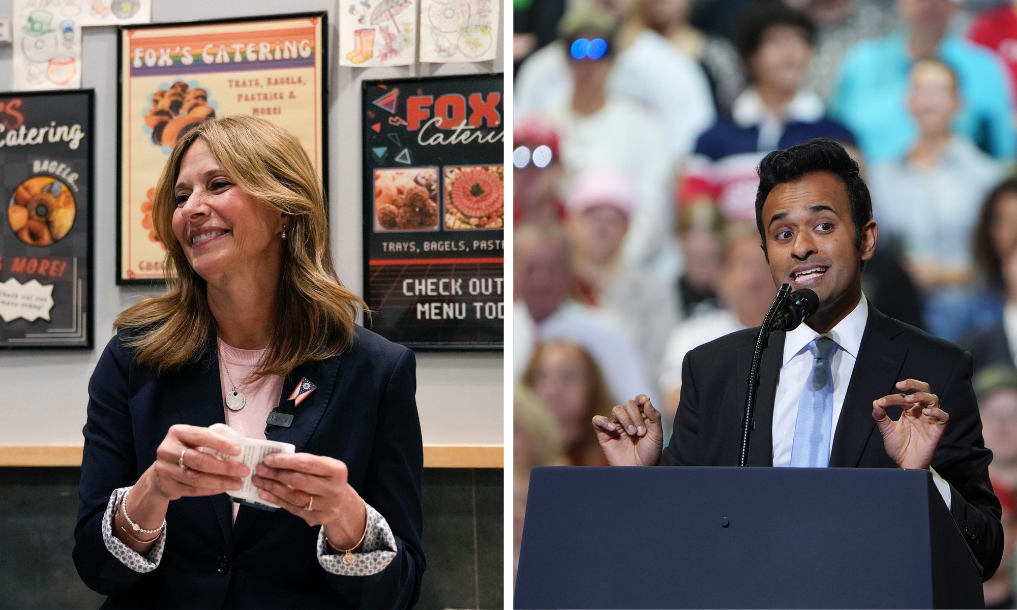 A splitscreen of Ohio gubernatorial candidates Amy Acton (D) and Vivek Ramaswamy (R) 