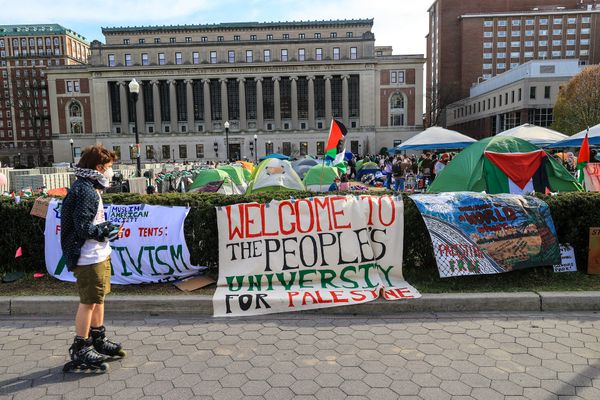 "Gaza Solidarity Encampment" at Columbia University. (Photo by Selcuk Acar/Anadolu via Getty Images)