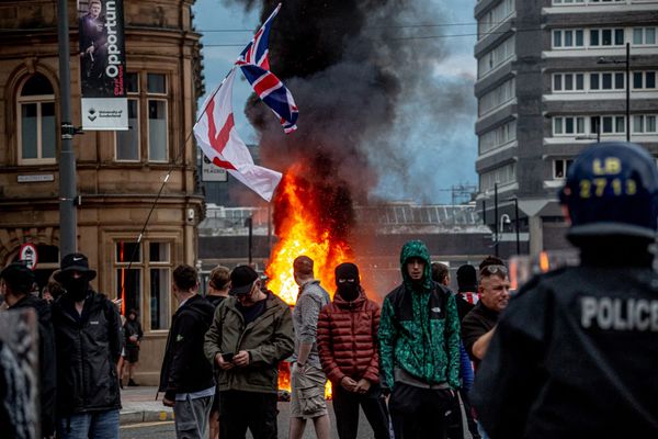 Activists hold an 'Enough is Enough' protest on August 02, 2024 in Sunderland, England. (Photo by Drik/Getty Images)