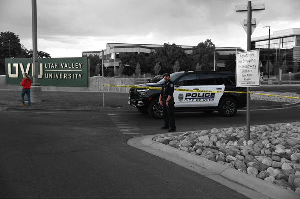 Police watch the Charlie Kirk memorial drive in Orem, Utah | Madeleine Kelly/ZUMA Press Wire, edited by Russell Nystrom