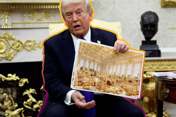 President Trump holds a rendering of the proposed White House ballroom | REUTERS/Kevin Lamarque, edited by Russell Nystrom
