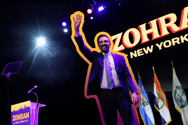 Zohran Mamdani waves at an election night rally in Brooklyn | REUTERS/Shannon Stapleton TPX IMAGES OF THE DAY, edited by Russell Nystrom