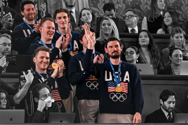 The United States Olympic men’s ice hockey team, with goaltender Connor Hellebuyck in front, at the State of the Union address — February 24, 2026