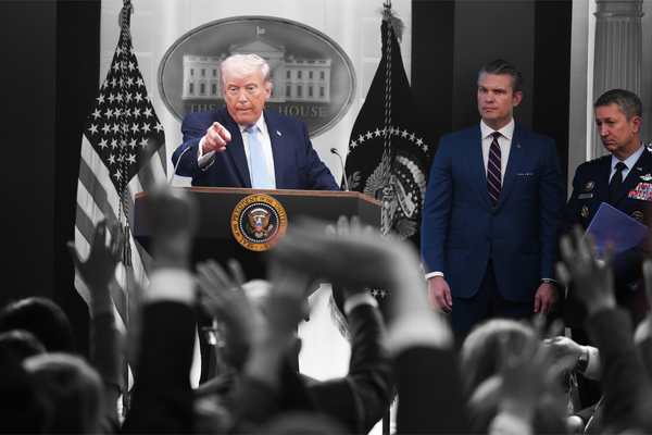President Donald Trump, Defense Secretary Pete Hegseth, and Chairman of the Joint Chiefs of Staff Dan Caine, conduct a news conference in the White House briefing room about the war in Iran