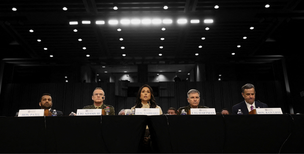 FBI Director Kash Patel, Lt. Gen. James Adams, Director of National Intelligence Tulsi Gabbard, Lt. Gen. William Hartman and CIA Director John Ratcliffe