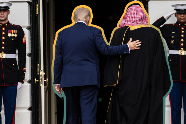President Donald Trump welcomes Saudi Crown Prince Mohammed bin Salman Al Saud to the White House — November 18, 2025 | Anna Rose Layden/POOL, edited by Russell Nystrom