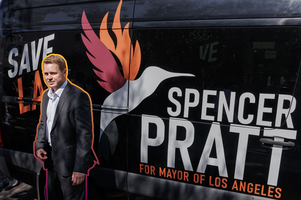 Mayoral candidate Spencer Pratt (I) at a block party in Los Angeles, California | Reuters/Jonathan Alcorn, edited by Aidan Gorman