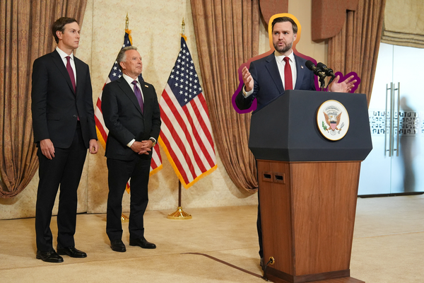 Vice President JD Vance holds a news conference with Jared Kushner and Special Envoy Steve Witkoff standing by | Jacquelyn Martin/Pool, edited by Russell Nystrom