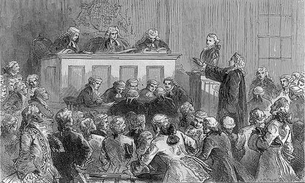 Engraving of Andrew Hamilton defending German printer and journ John Peter Zenger in court | Unknown artist/Wikipedia