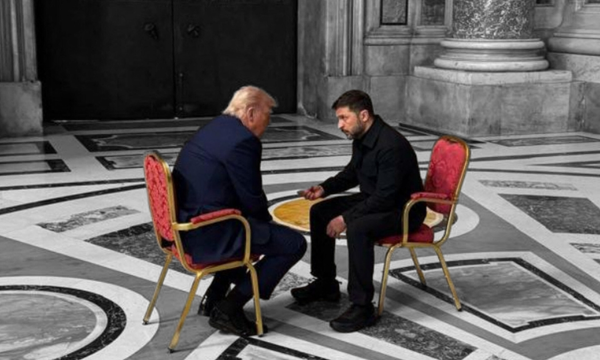 Ukrainian President Volodymyr Zelensky and U.S. President Donald Trump at St. Peter’s Basilica — April 26, 2025 | Photo by Ukrainian Presidency via ABACAPRESS.COM, edited by Russell Nystrom