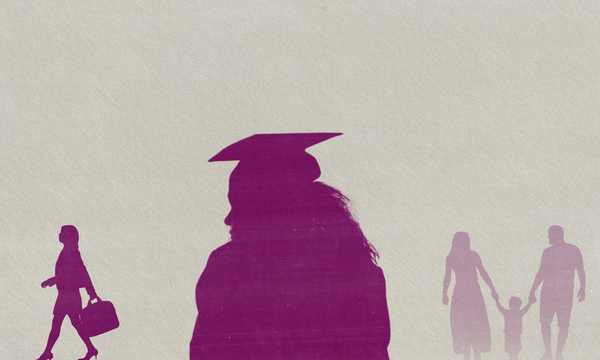 A stylized graphic of a person walking with a briefcase, a person in graduation attire, and a family of three