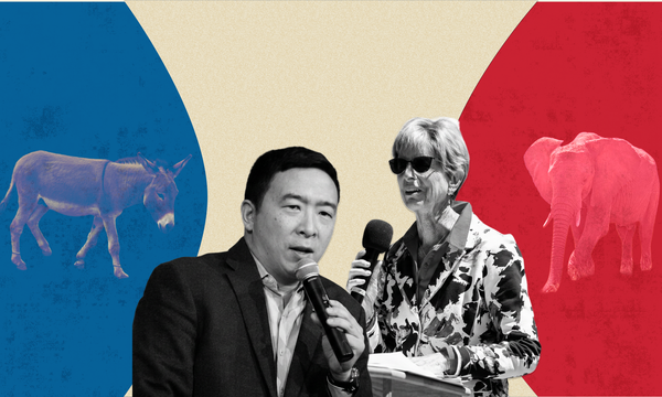 A stylized graphic of Andrew Yang and Christine Todd Whitman