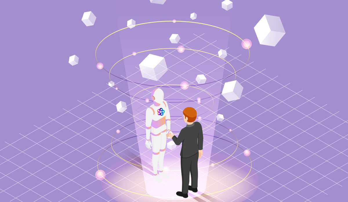 Purple screen with grid in the background, a human and a robot shaking hands in the foreground