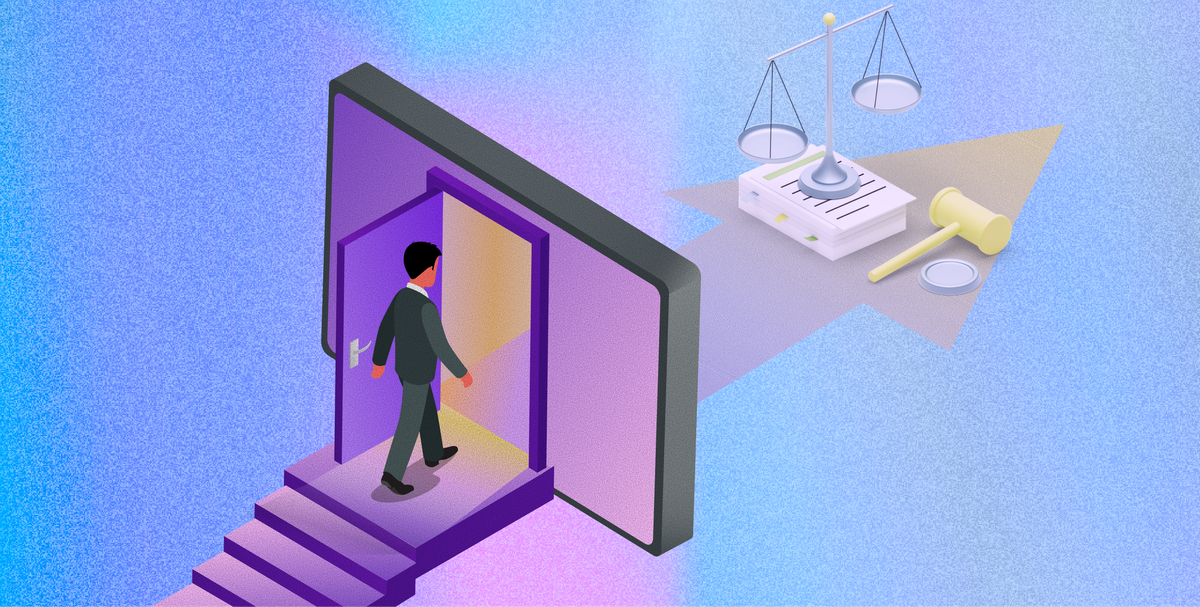 An illustration of a person walking through a door to receive legal help. 