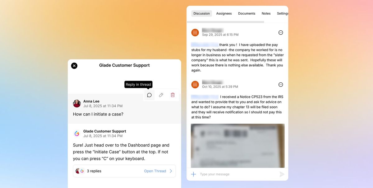 Glade AI chat interface helping immigration and bankruptcy lawyers manage client conversations, case initiation, and document uploads securely.