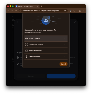 Facebook's passkey page; it lets me use a bunch of methods to use a passkey (like iCloud keychain or hardware key), but doesn't activate 1Password