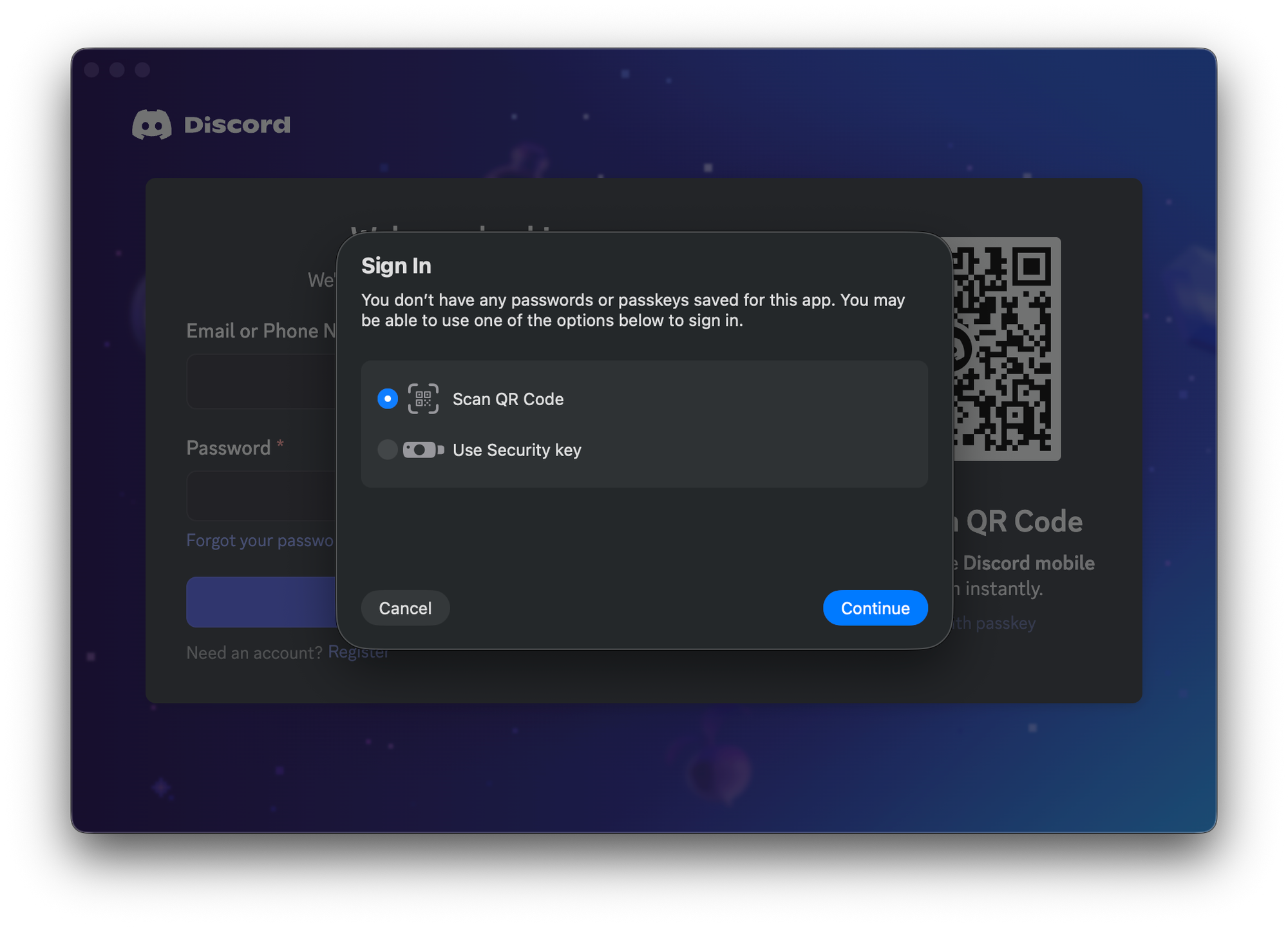 Discord app login page; it only gives me two options for using a passkey, scanning a QR code or using a hardware security key