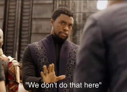Meme of Black Panther saying "we don't do that here"