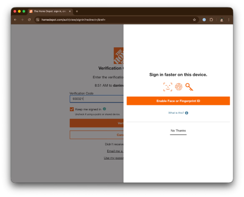A Home Depot page asking you to "sign in faster on this device" by enabling "face or fingerprint ID". There's no mention of passkeys.