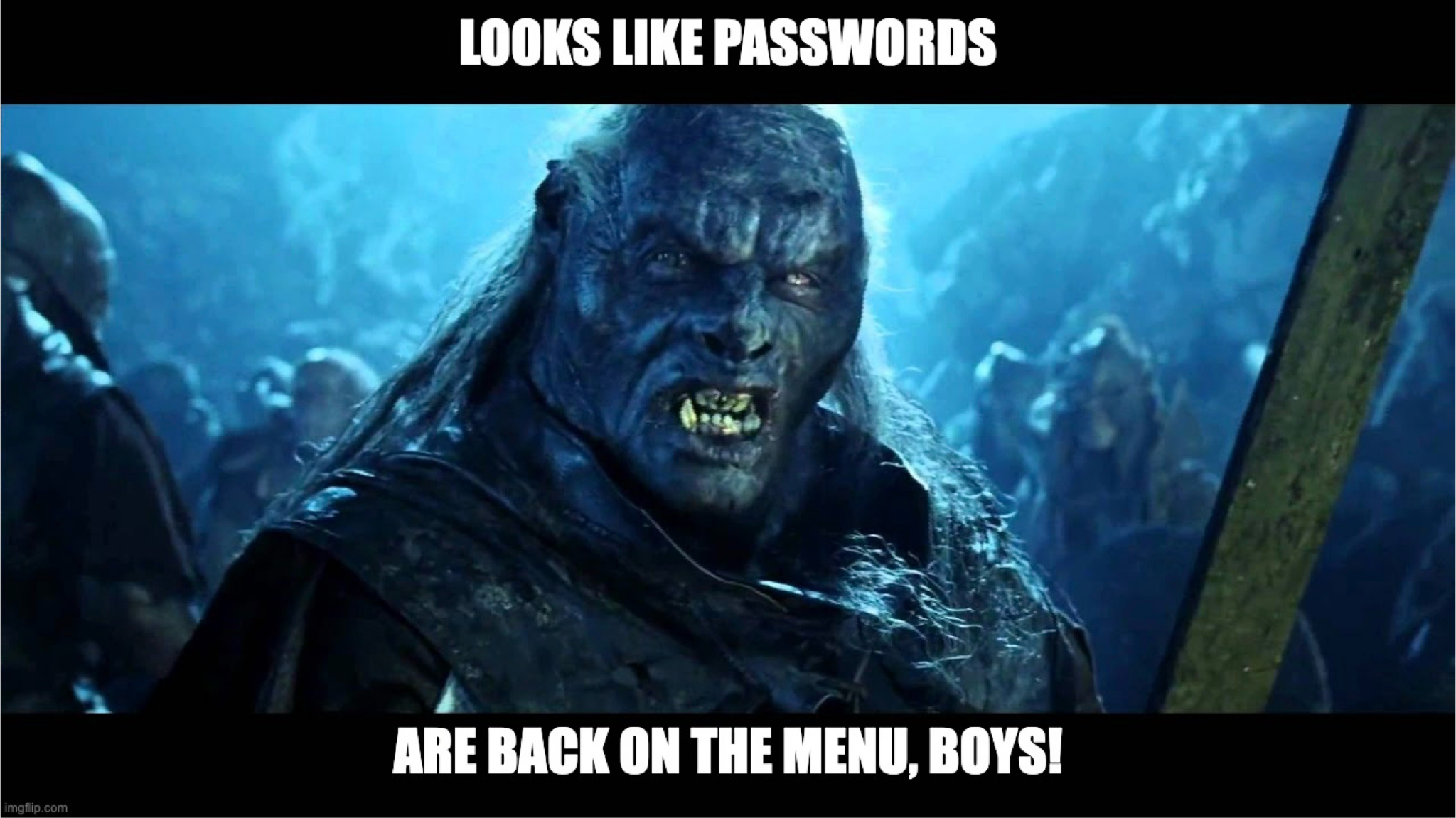 Meme from Lord of the Rings: an orc says "looks like passwords are back on the menu, boys!"