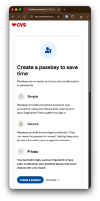 A CVS page asking you to "create a passkey to save time", with a single button at the bottom to create a passkey.