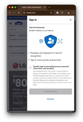 A Lowes page asking you to "skip the passwords" by creating a passkey. Crucially, it includes a checkbox which has a bunch of legalese you agree to first before using a passkey.