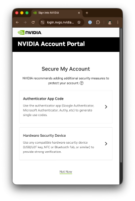 An NVIDIA page to "secure my account" using a "hardware security device". It doesn't mention passkeys at all.