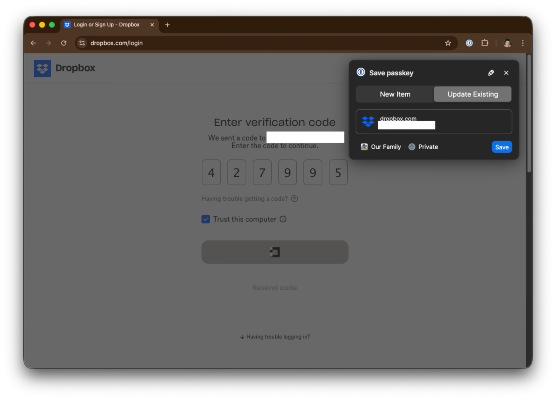 The Dropbox login page. It opened my 1Password extension to save a passkey after I logged in.
